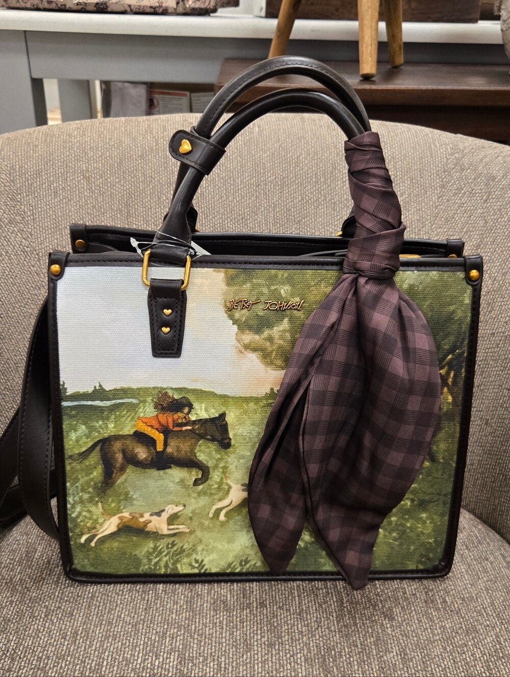 Betsey Johnson Brown Equestrian Print Satchel with Scarf Accent